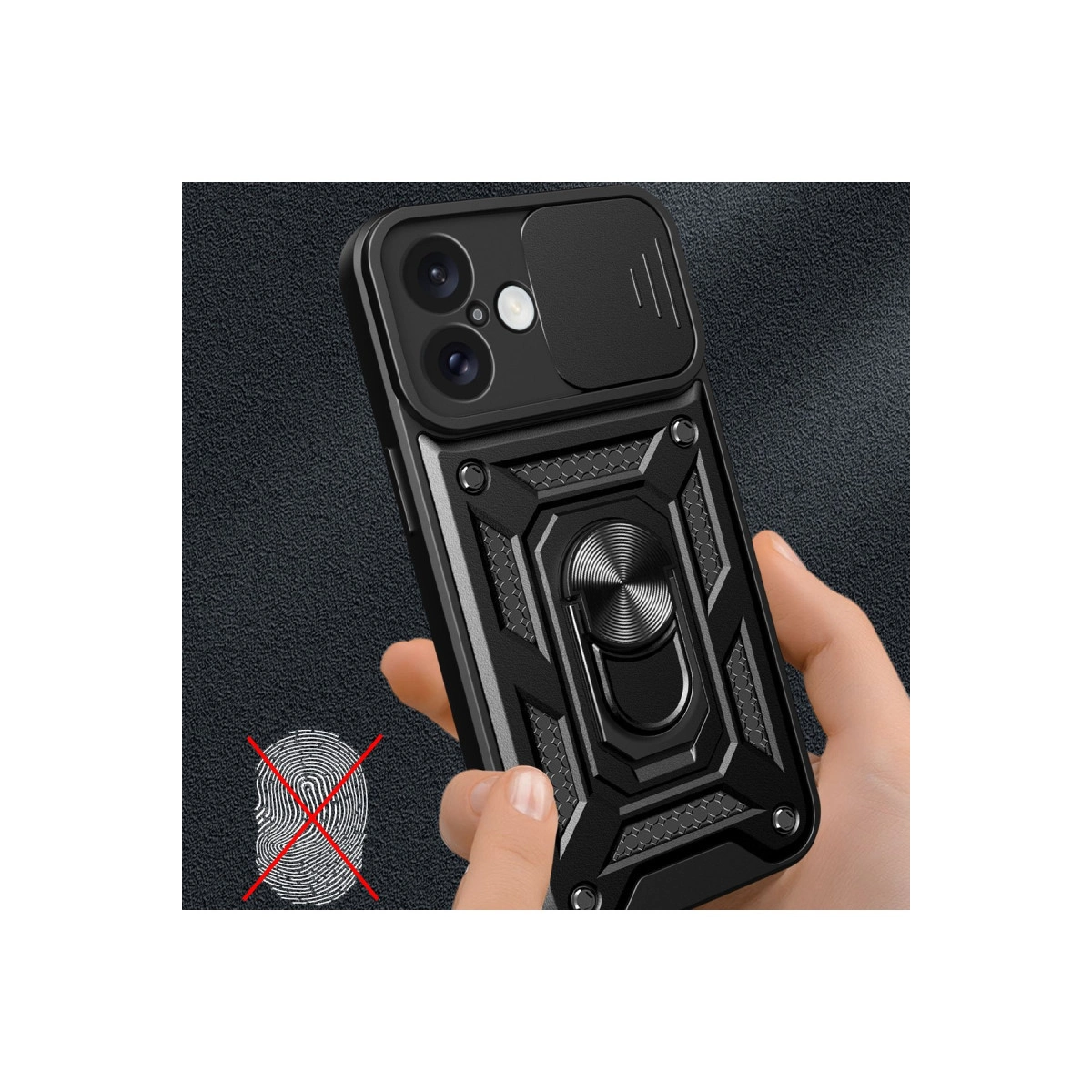 Halka tutuculu ve kayar lens kapaklı siyah telefon kılıfı.