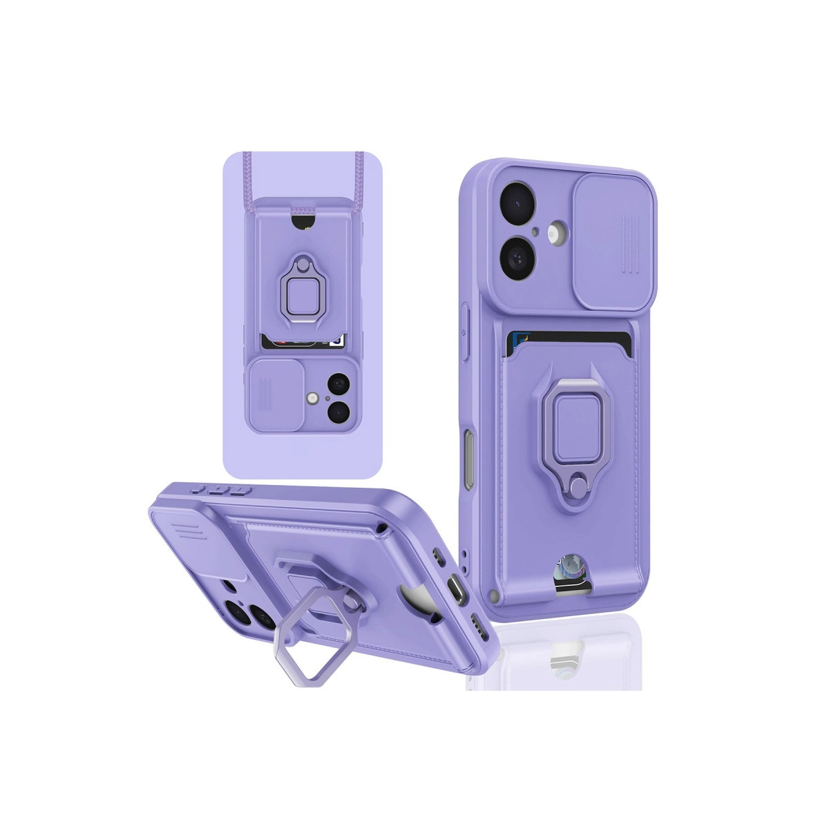 Kart tutuculu, halka standlı ve kayar kapaklı mor telefon kılıfı.