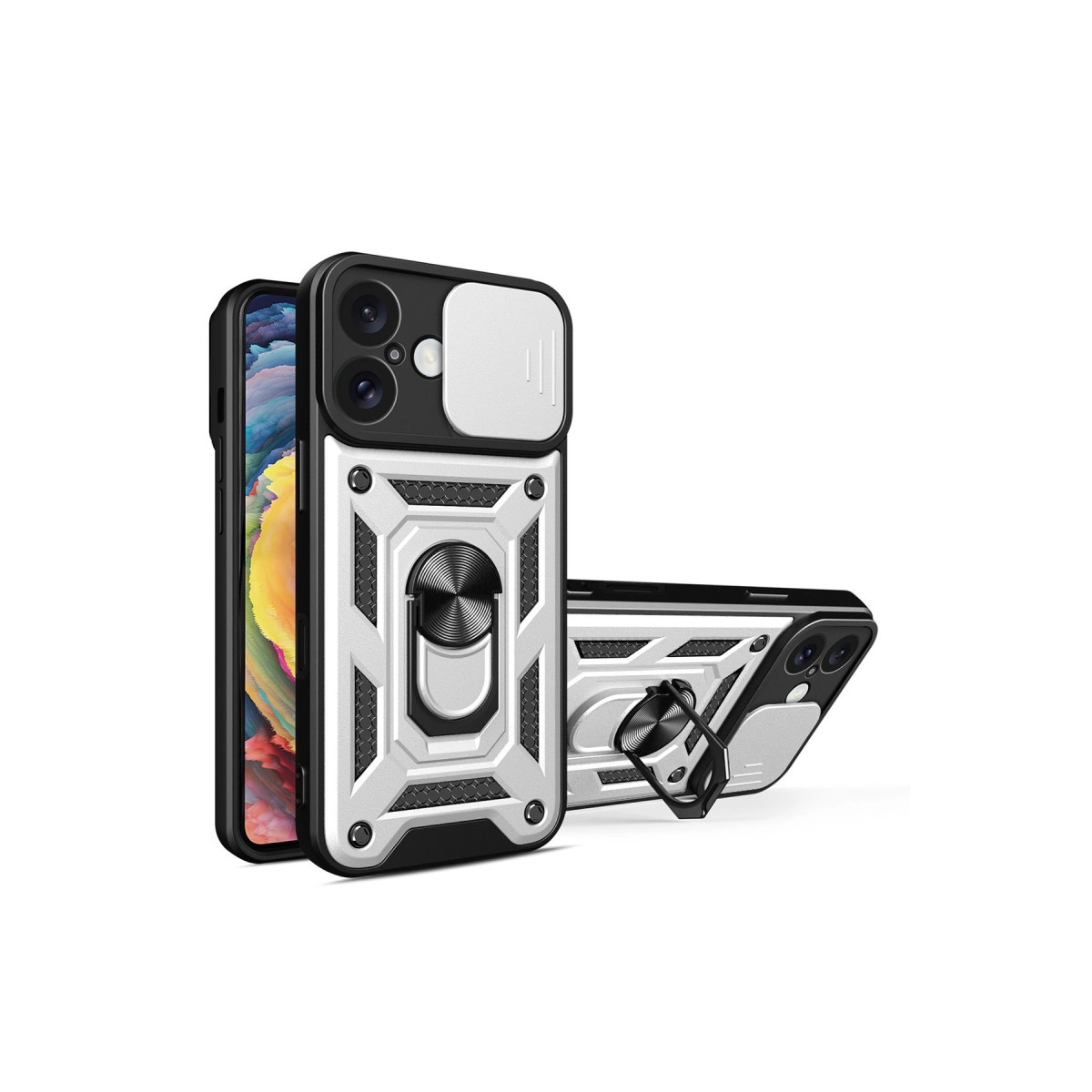 NEWFACE iPhone 16 Uyumlu Pars Lens Yüzüklü Silikon Telefon Kılıfı Gümüş