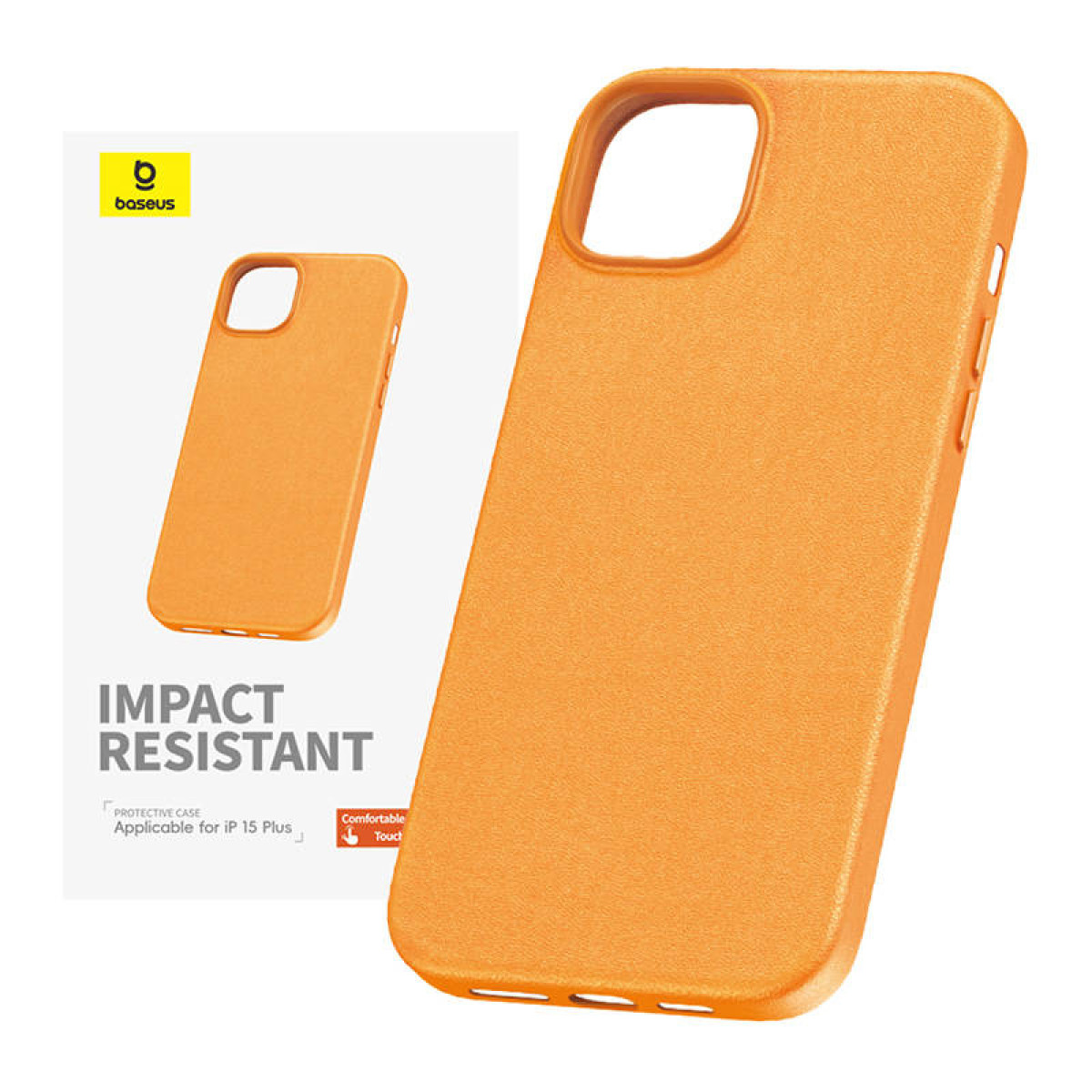 Custodia arancione per iPhone 15 Plus con logo Baseus. Resistente.