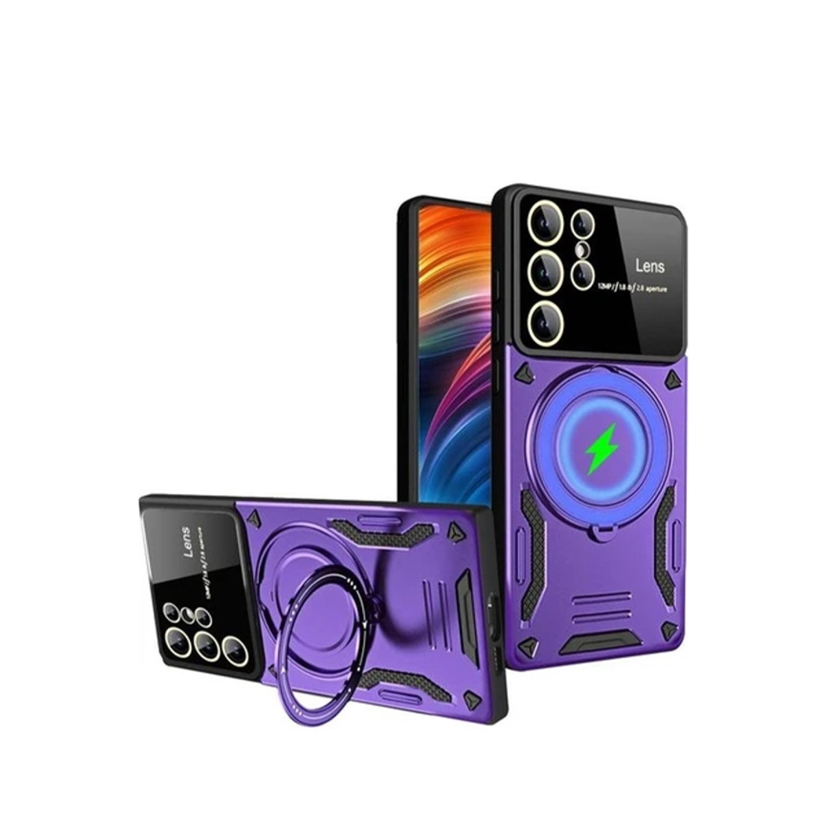 Halka tutuculu mor telefon kılıfı ve şimşek sembolü.