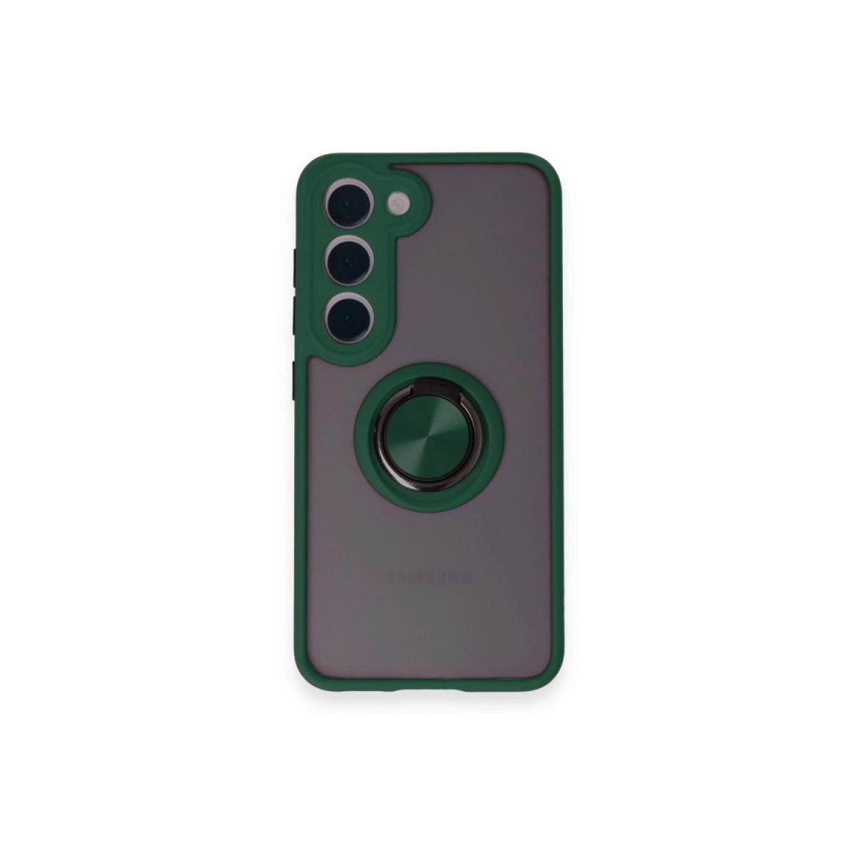 Beyaz arka plan üzerinde üç kamera lensi ve gümüş halka stantlı yeşil telefon kılıfı.