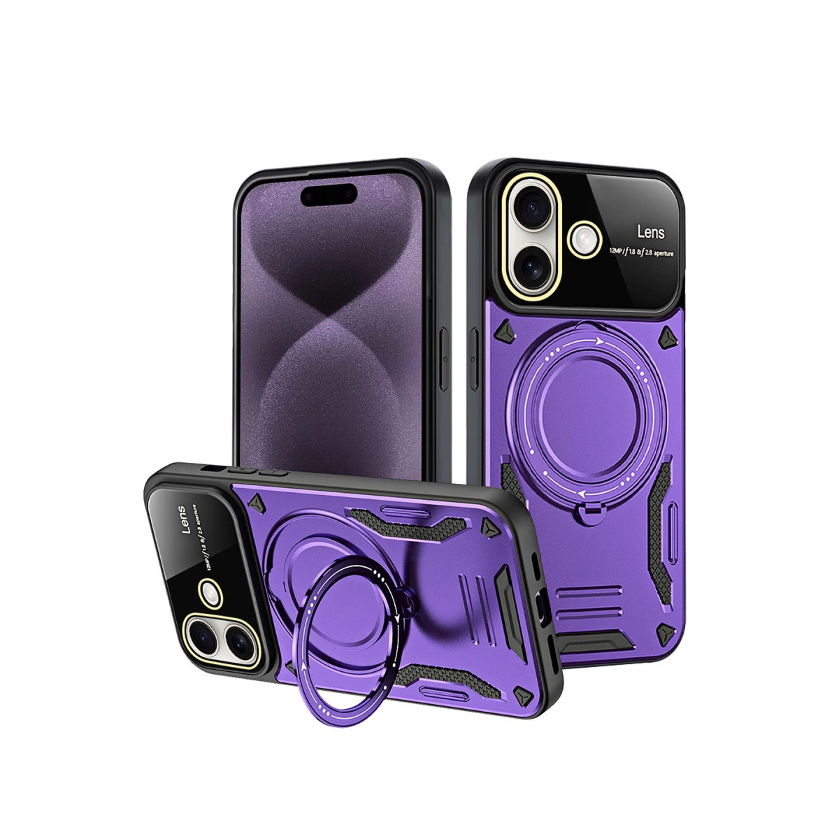 Halka tutuculu ve kamera çerçeveli üç mor telefon kılıfı.