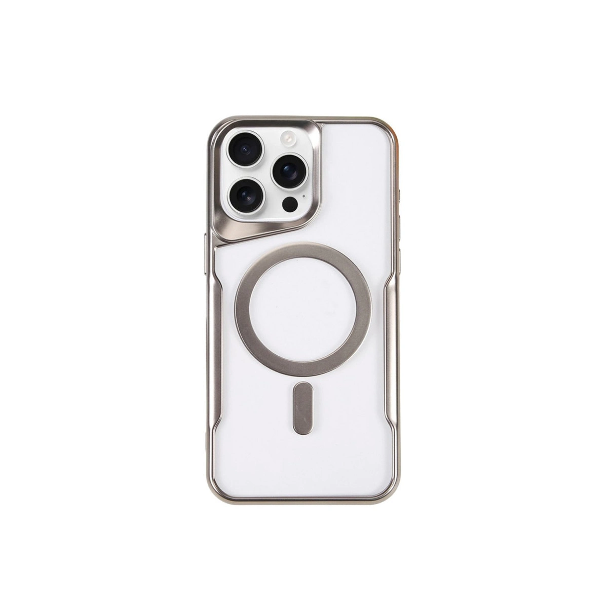 Gümüş çerçeveli şeffaf telefon kılıfı, kamera çıkıntısı ve MagSafe halkası görünüyor.