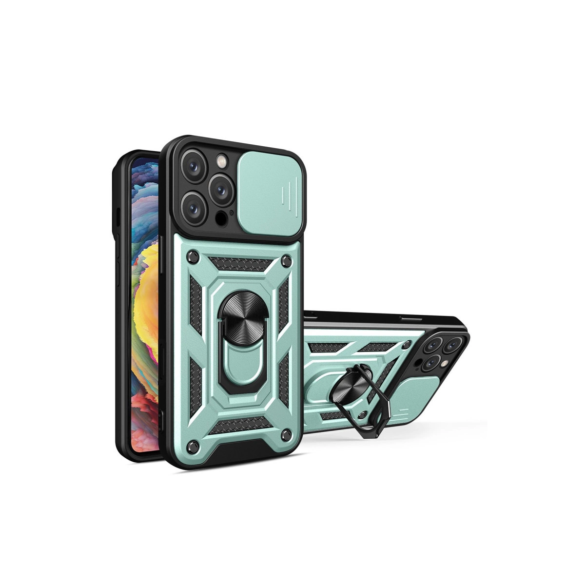 Halka tutuculu ve kamera kapaklı nane yeşili telefon kılıfı.