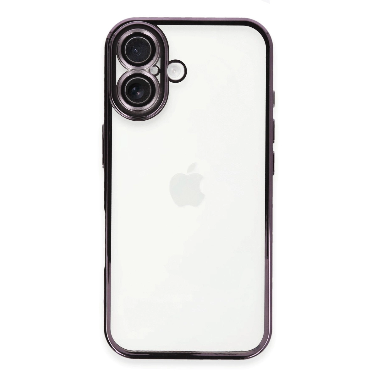 Koyu çerçeveli şeffaf iPhone'un arkası ve iki kamerası.