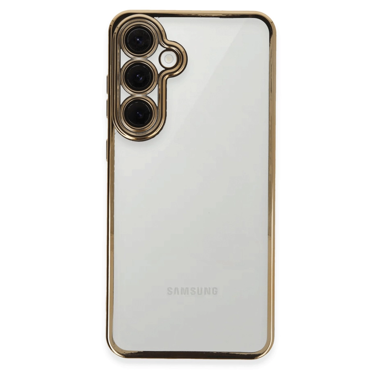 Altın çerçeveli ve üç kamera lensli beyaz Samsung telefon.
