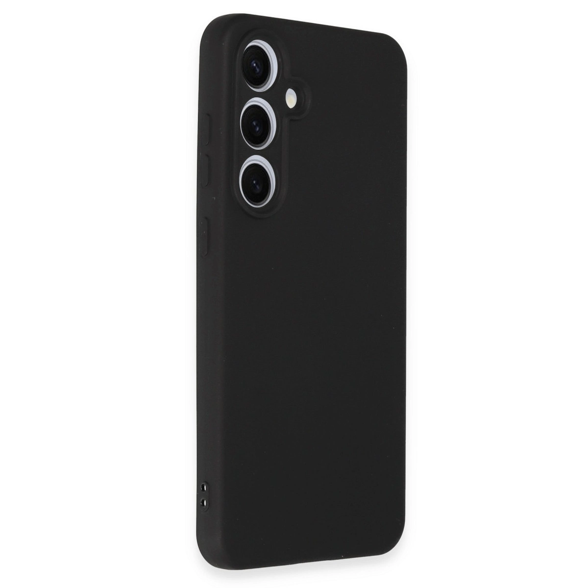 Üç kamera lensli ve flaşlı siyah telefon kılıfı.