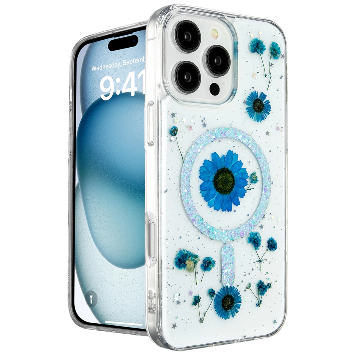 Mavi kuru çiçekler ve simli aksesuarlar içeren şeffaf telefon kılıfı.
