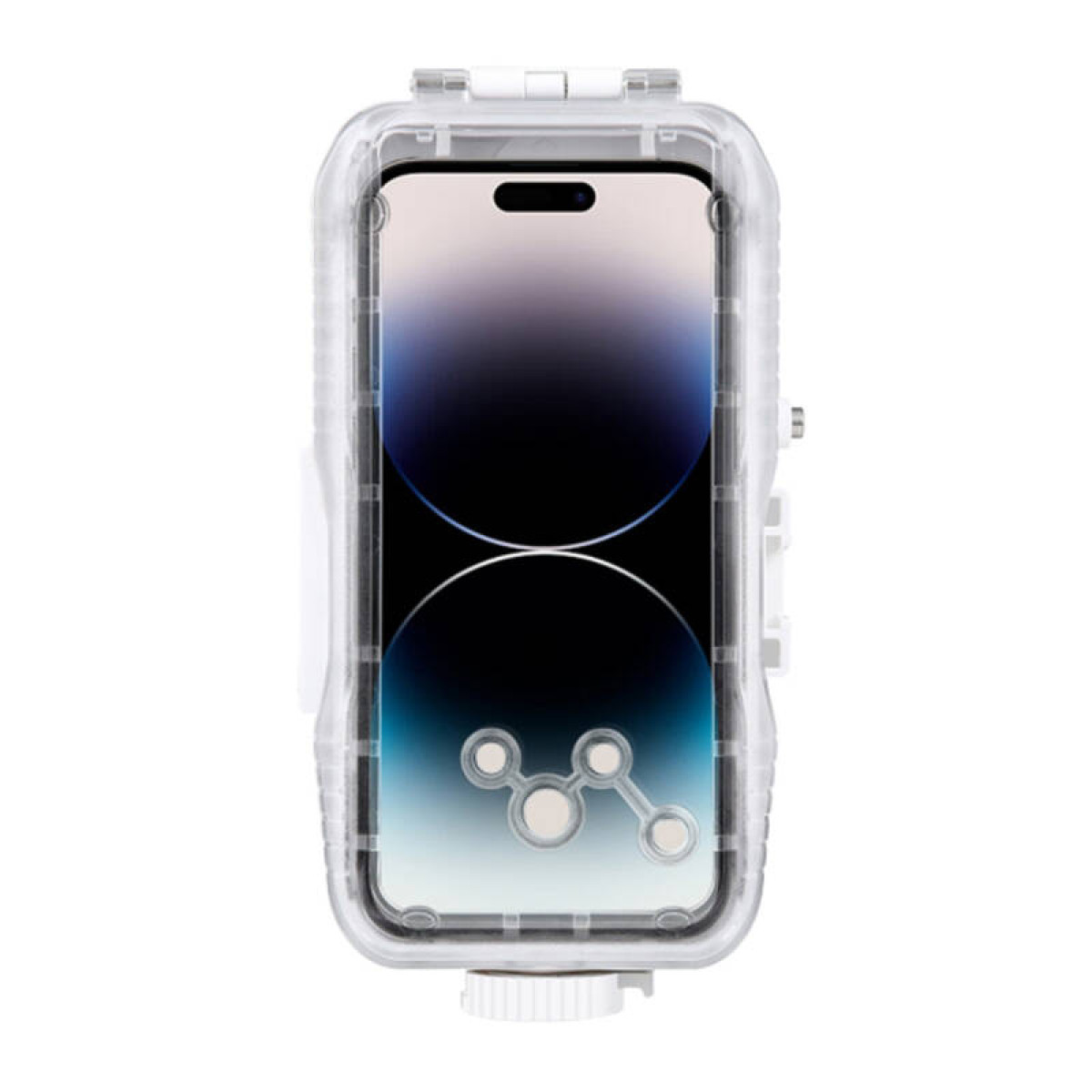 Una custodia impermeabile trasparente per smartphone con chiusura bianca.