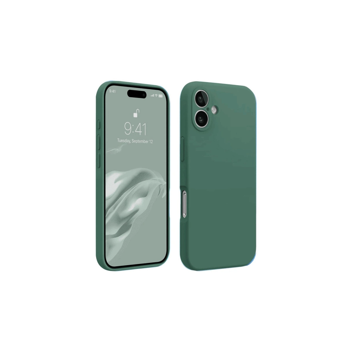 Yeşil bir iPhone kılıfıyla ve yanında kılıflı bir iPhone.