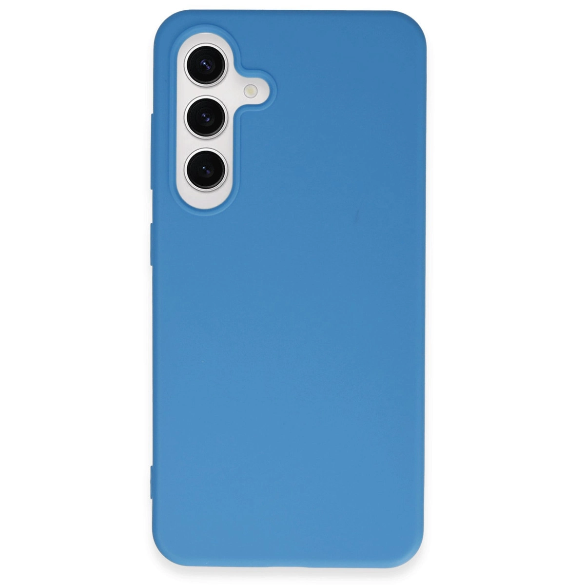 Sol üstte üç kamera lensli mavi telefon kılıfı.