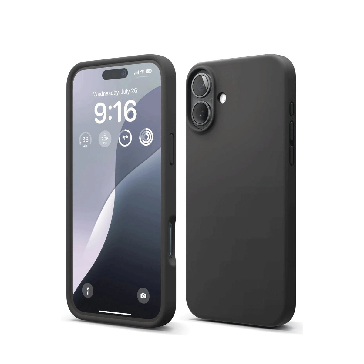 Yan yana iki siyah telefon kılıfı, biri ekranını gösteriyor.
