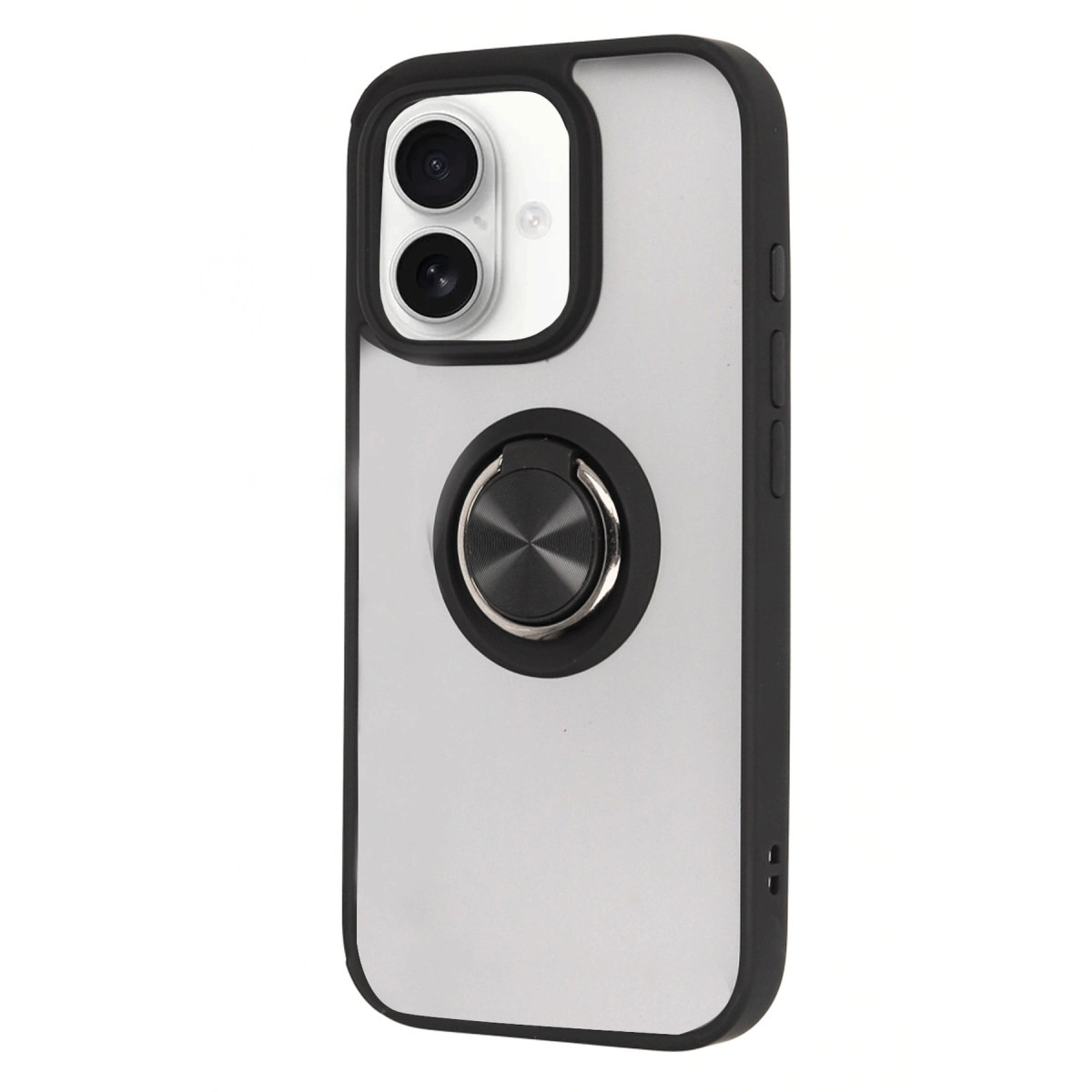 Çift kameralı, gümüş halkalı siyah iPhone kılıfı.
