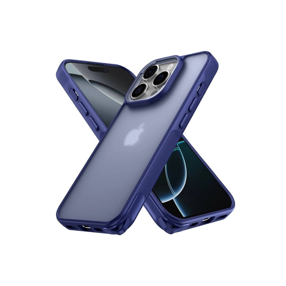 Beyaz arka plan üzerinde yarı saydam arkalı iki mor iPhone kılıfı.