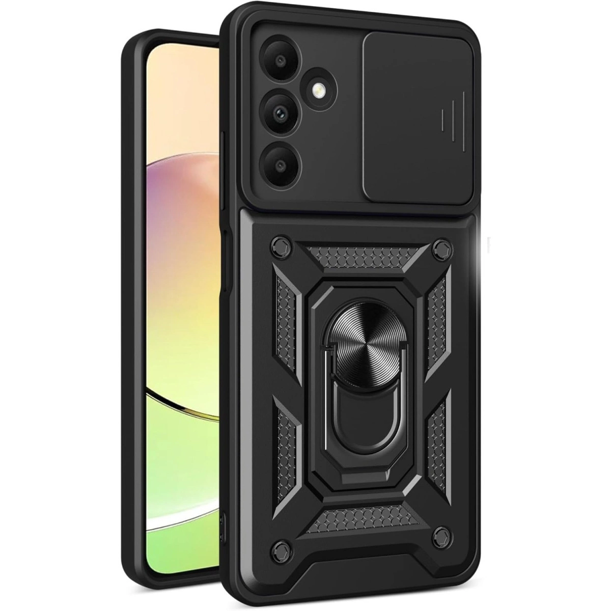 Kamera kapaklı ve halka tutuculu siyah telefon kılıfı. Kısmen görünen telefon ekranı.