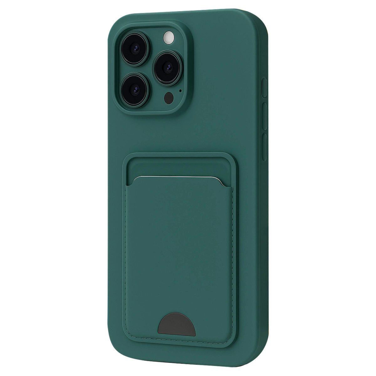 Koyu yeşil telefon kılıfı, kart tutucu ve kamera lensleri.