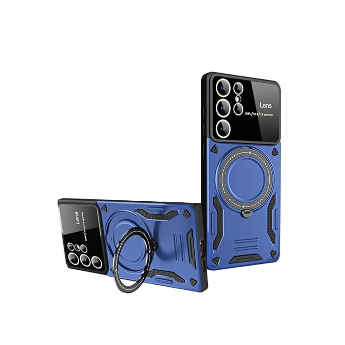 Halka tutuculu ve kamera bloklu iki mavi telefon kılıfı.