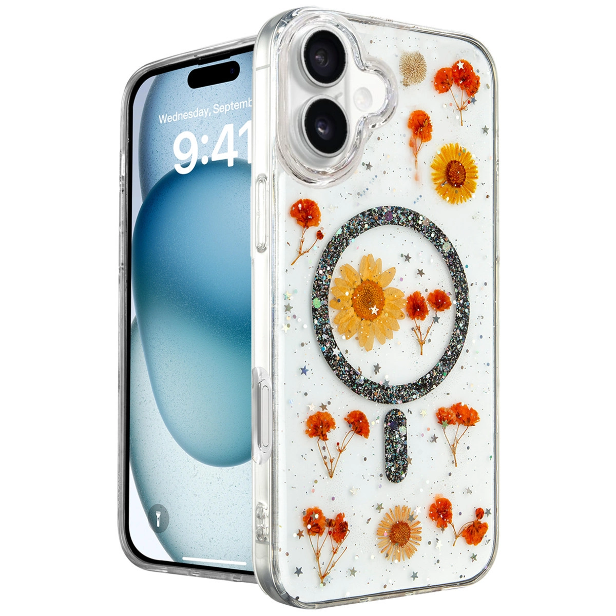 Preslenmiş turuncu ve sarı çiçekler ve simlerle şeffaf telefon kılıfı.