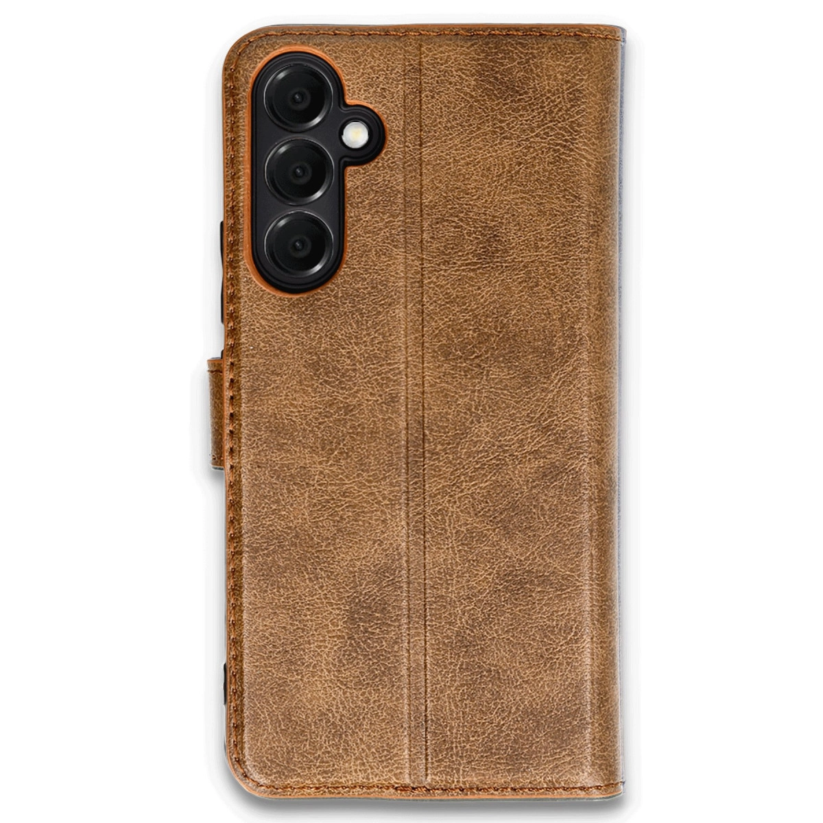 Kamera kesimli, dikey dikişli kahverengi telefon kılıfı.