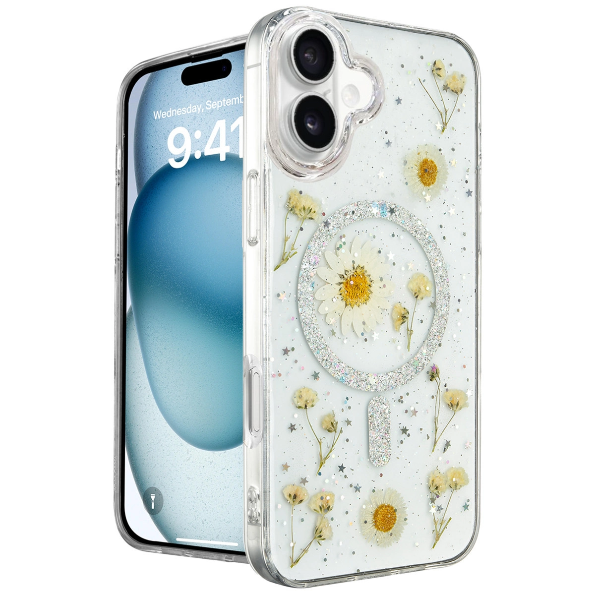 İçinde kurutulmuş çiçekler ve sim bulunan şeffaf telefon kılıfı.