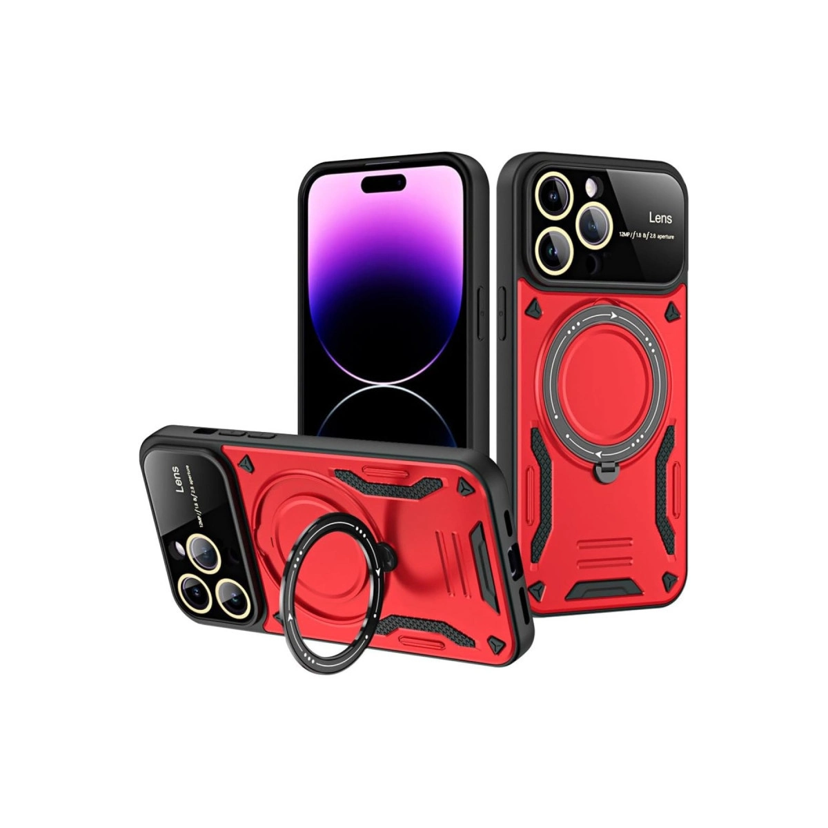 Halka tutuculu ve kamera modüllü üç kırmızı telefon kılıfı.