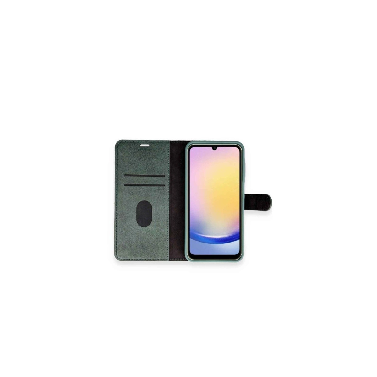 Renkli ekranlı bir akıllı telefonun yanında açık duran koyu yeşil telefon kılıfı.