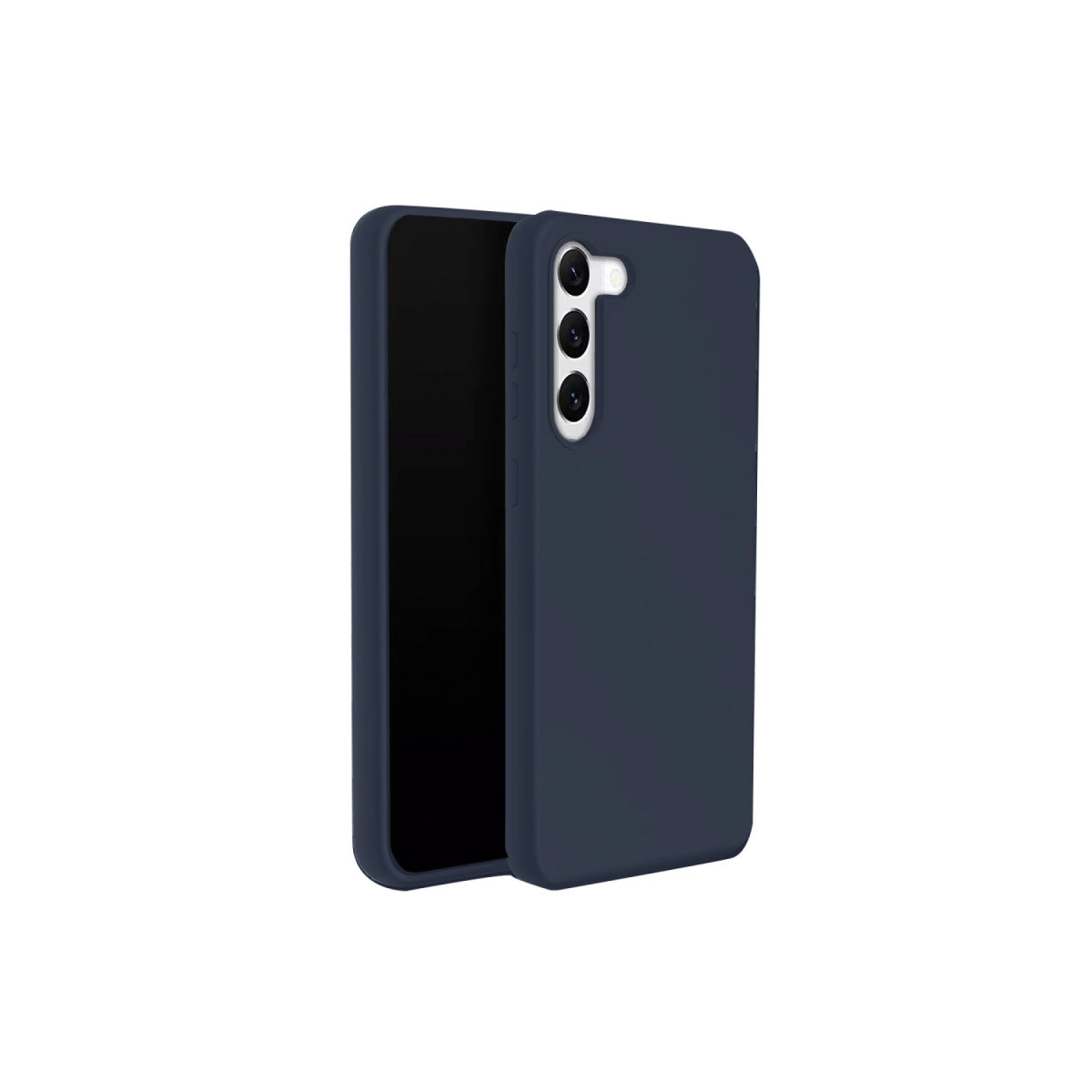 Üç kamera lensli ve flaşlı lacivert telefon kılıfı.