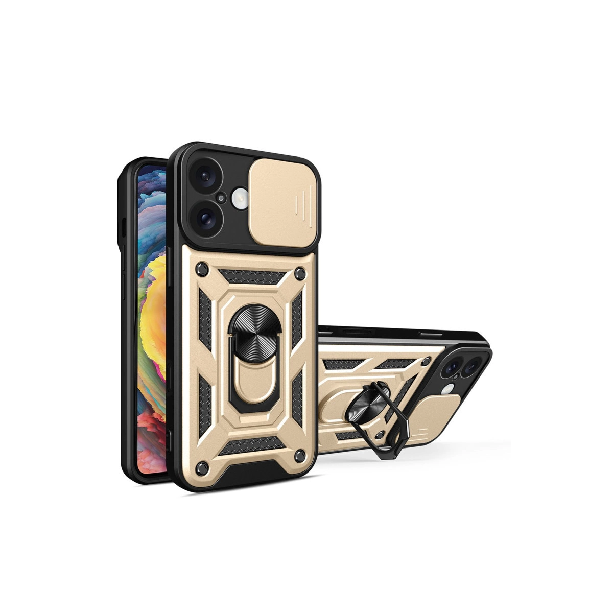 NEWFACE iPhone 16 Uyumlu Pars Lens Yüzüklü Silikon Telefon Kılıfı Gold