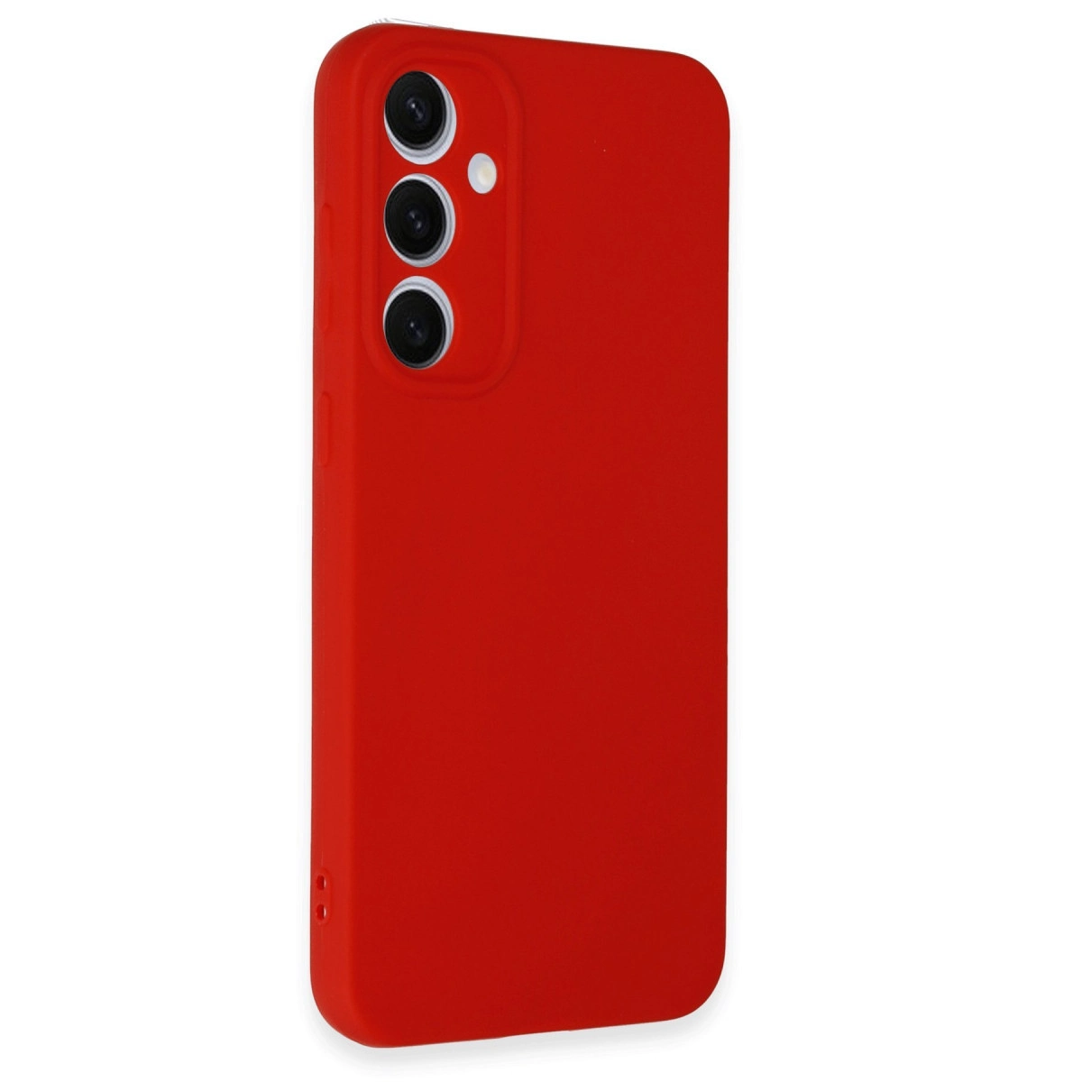 Arkada üç kamera lensi ve flaşlı kırmızı telefon kılıfı.