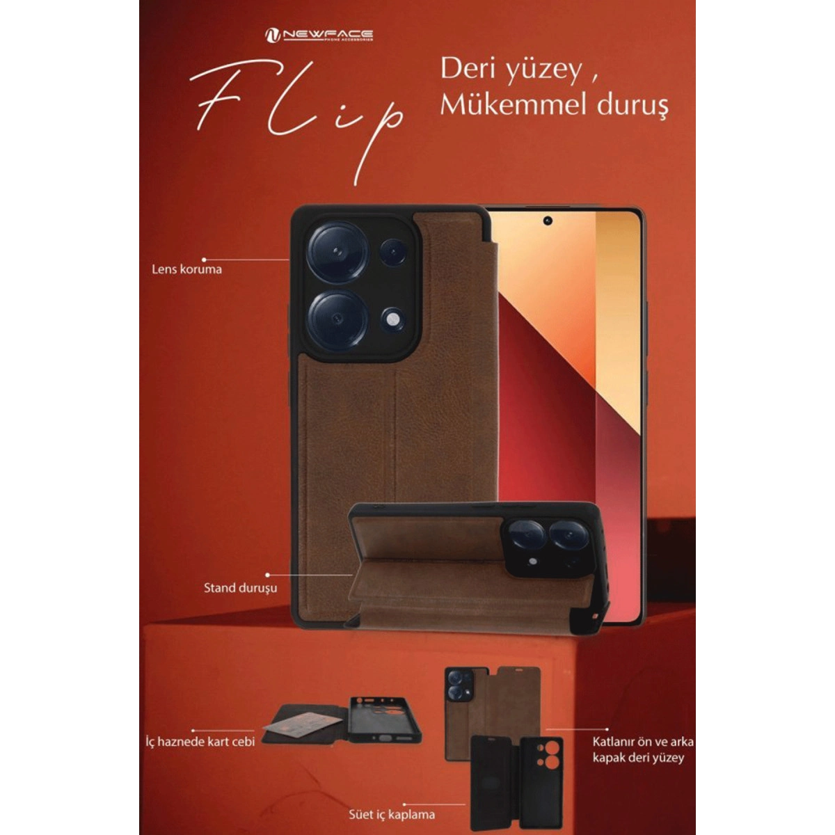 Kredi kartı bölmeli ve stantlı kahverengi deri flip kılıf.