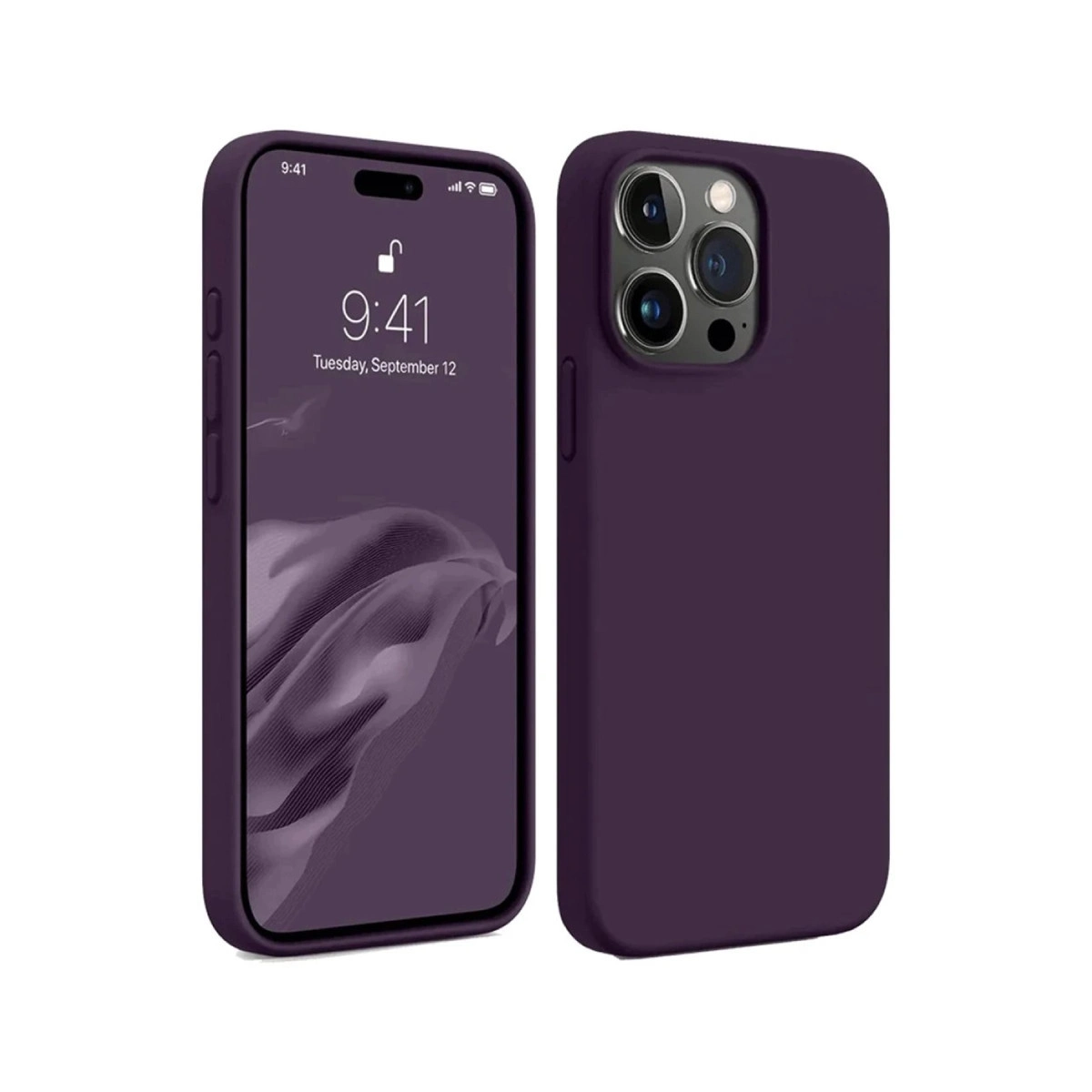 Mor bir iPhone kılıfıyla, önden ve arkadan gösteriliyor.