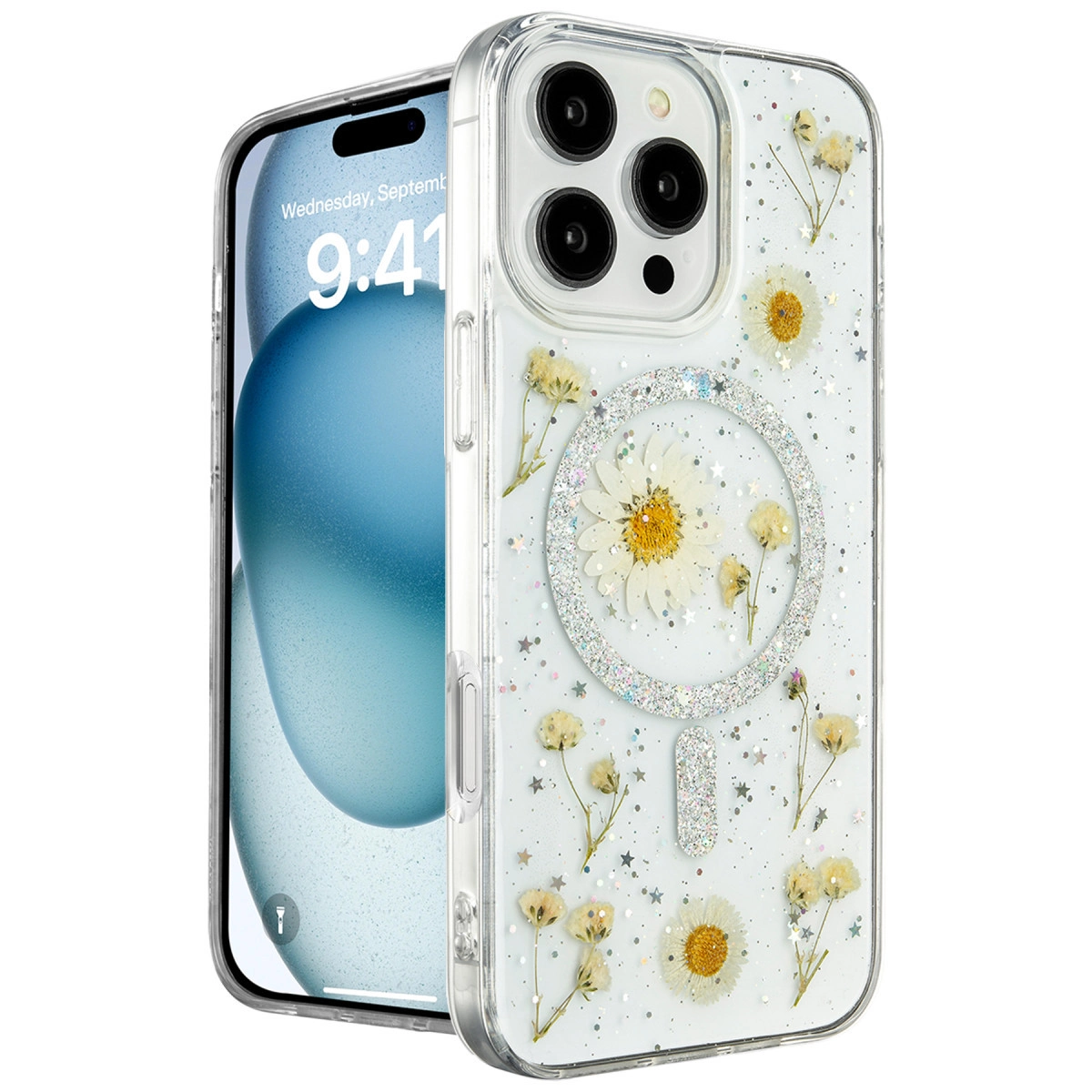 Kuru çiçekler ve sim detaylı şeffaf telefon kılıfı.