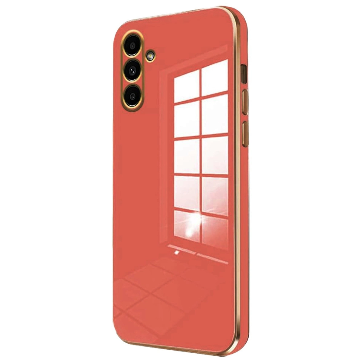Altın kenarlı ve kamera kesimli mercan kırmızısı telefon kılıfı.