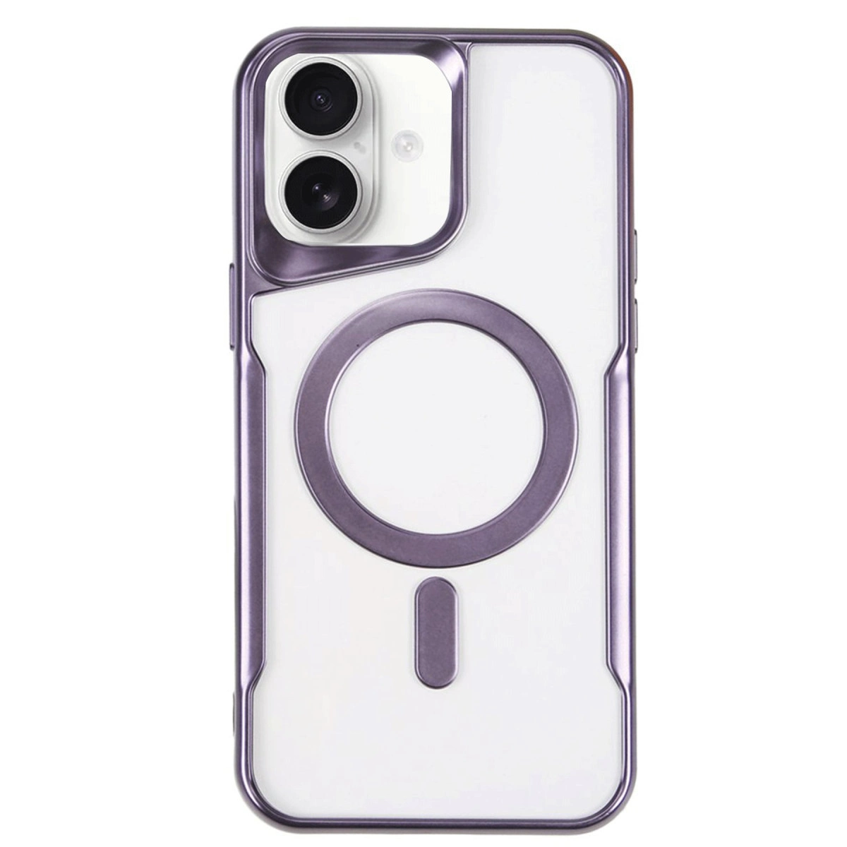 Mor iPhone kılıfı, iki kamera ve manyetik halka.