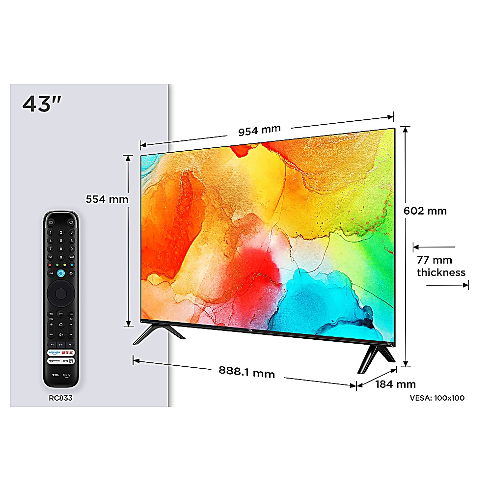Ein 43-Zoll-Fernseher mit buntem Bildschirm und Maßen. Links eine Fernbedienung.