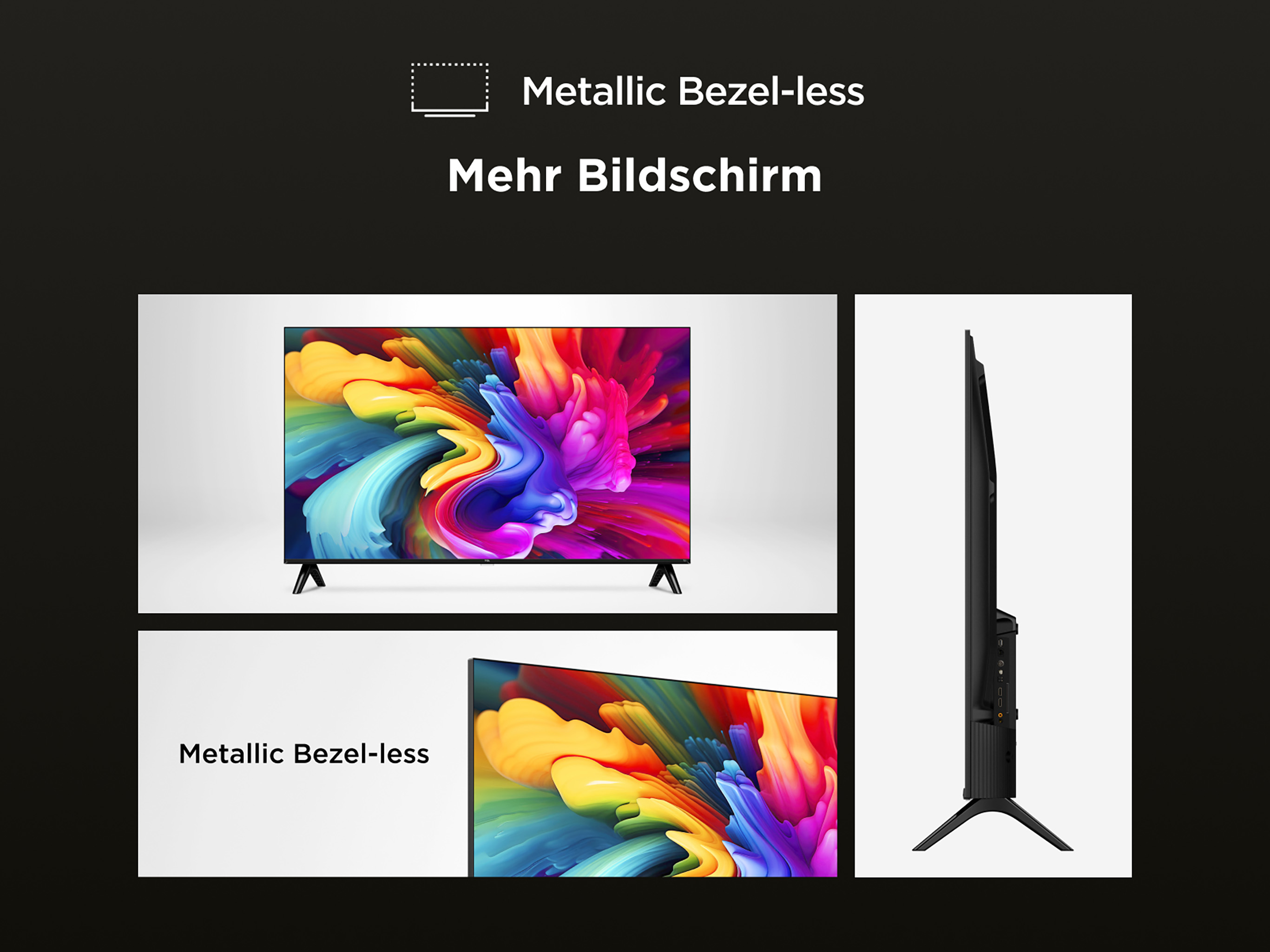 Ein randloser Metallic-Fernseher mit lebendigem, abstraktem Bild.