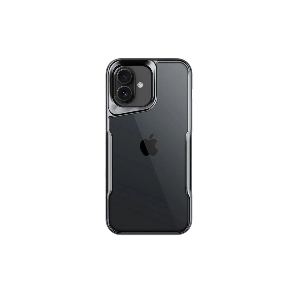 İki kamera lensli ve Apple logosu olan siyah telefon kılıfı.