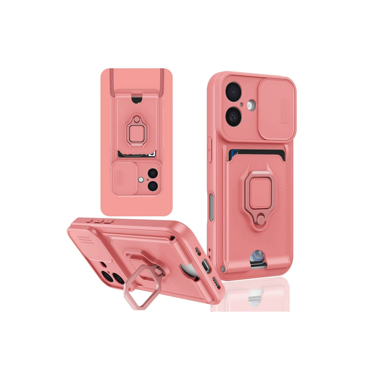 Kart tutuculu, halka stantlı ve kamera kapaklı pembe telefon kılıfı.