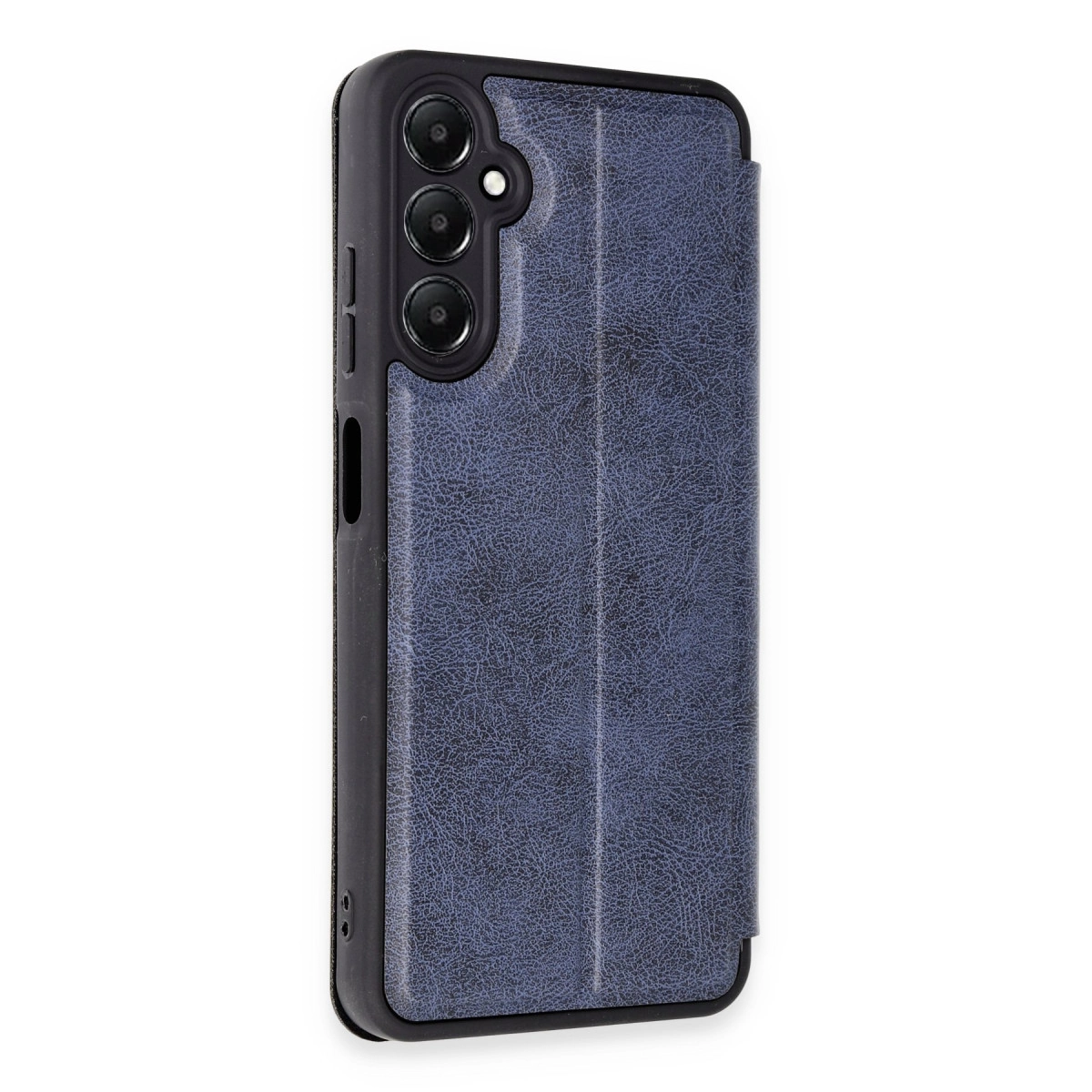 Koyu mavi, deri dokulu telefon kılıfı, kamera kesimli.