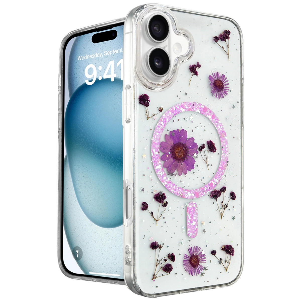 Mor kuru çiçekler ve sim vurgulu şeffaf telefon kılıfı.