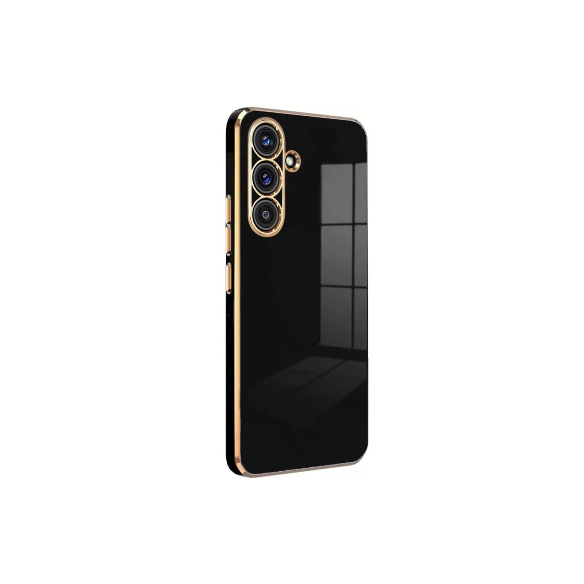 Altın çerçeveli, üç kameralı siyah telefon kılıfı.