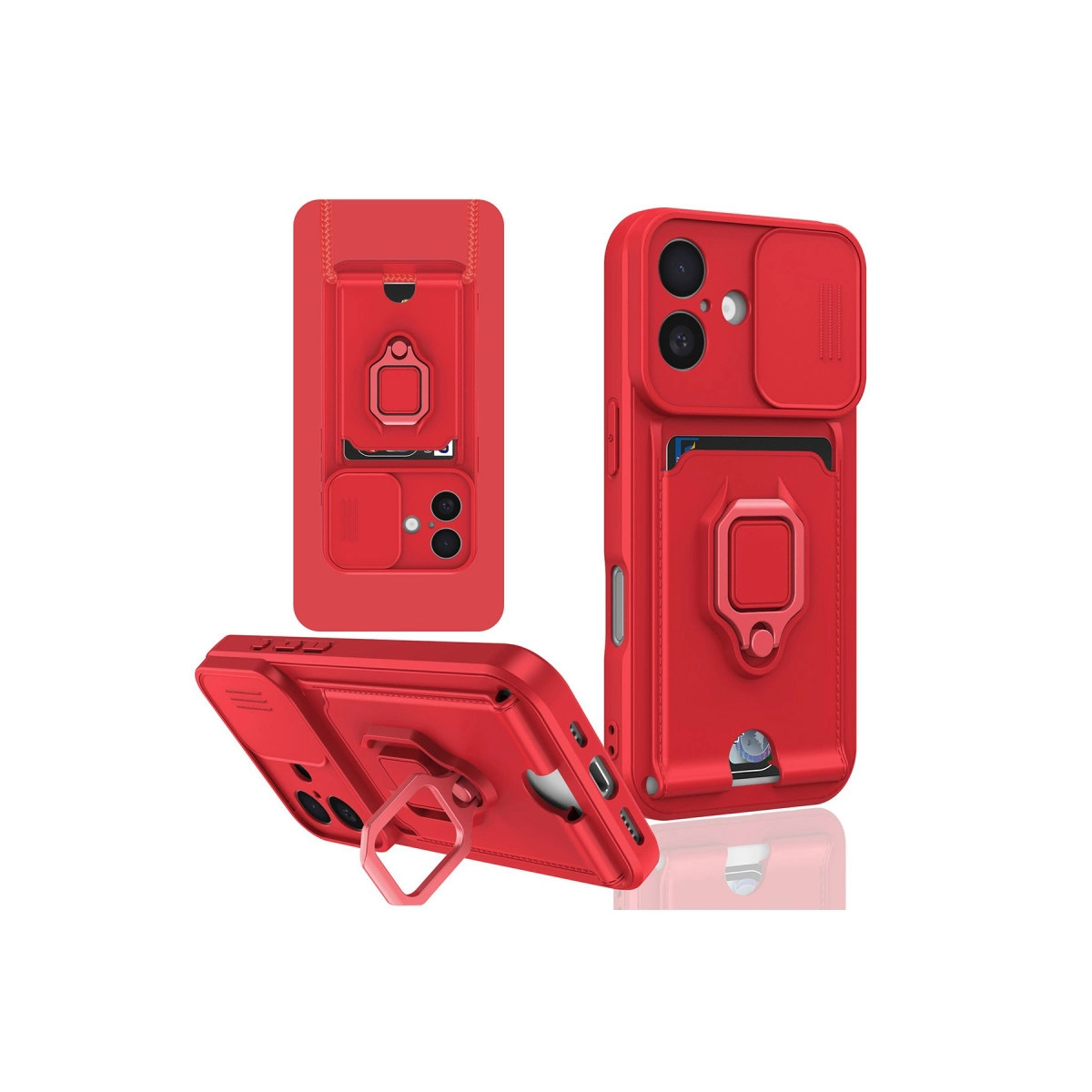Kart yuvası, halka tutucu ve kaydırılabilir kamera kapağına sahip kırmızı telefon kılıfı.