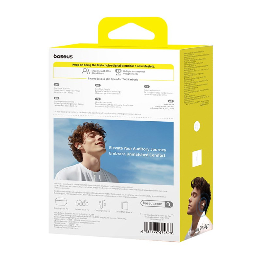 Słuchawki TWS Baseus Bass 15: Mężczyzna w słuchawkach, żółte opakowanie.