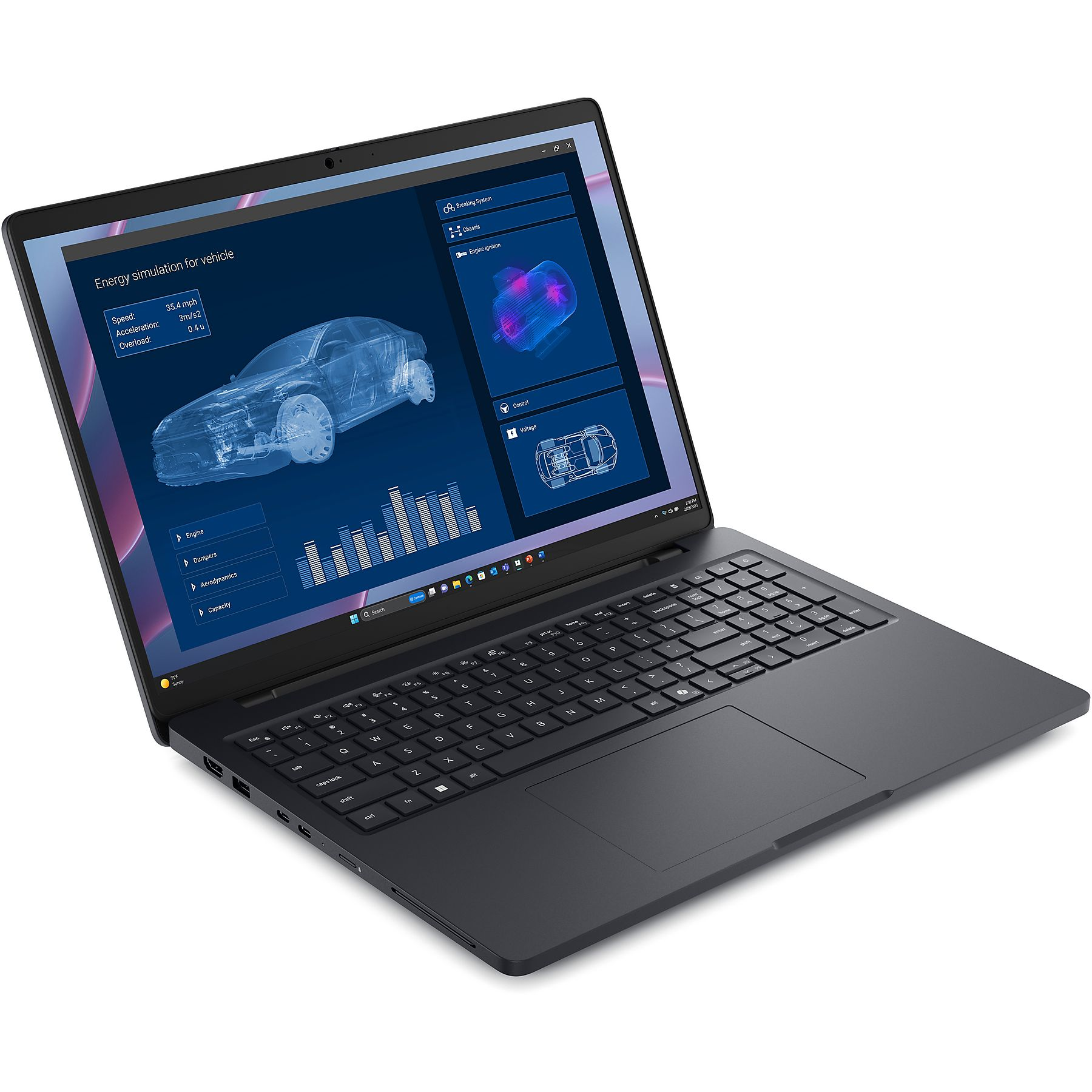 Un laptop scuro mostra una simulazione di veicolo con dati e grafici.