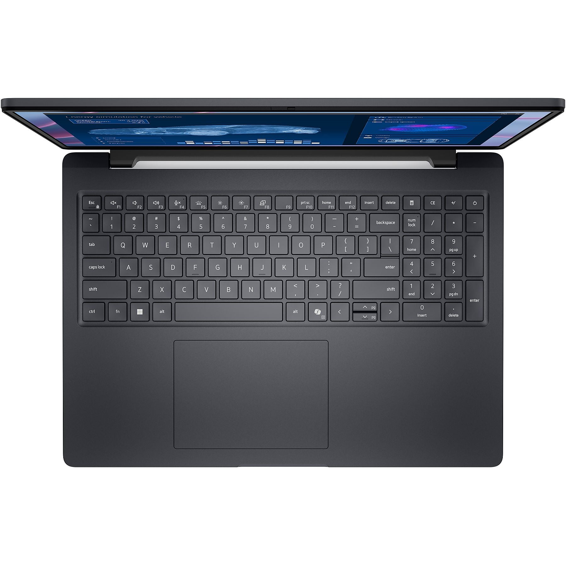Un laptop grigio scuro è aperto, mostra uno schermo con dati e grafici. La tastiera è visibile.