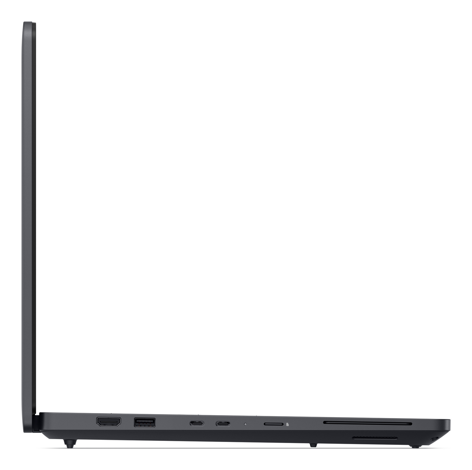Profilo laptop grigio scuro con porte HDMI, USB-C e lettore di schede SD.