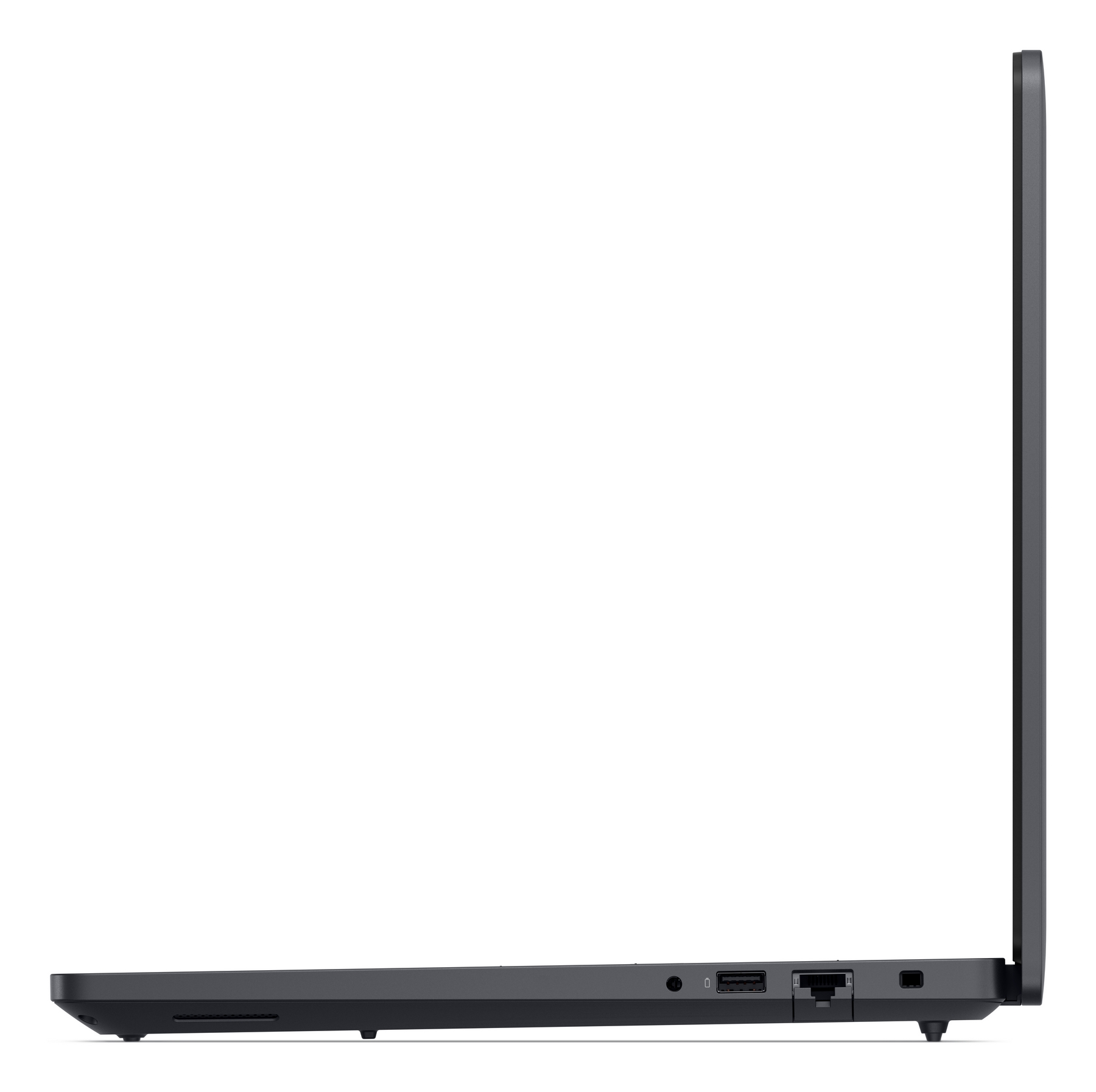 Laptop grigio di profilo con porte USB, Ethernet e audio.