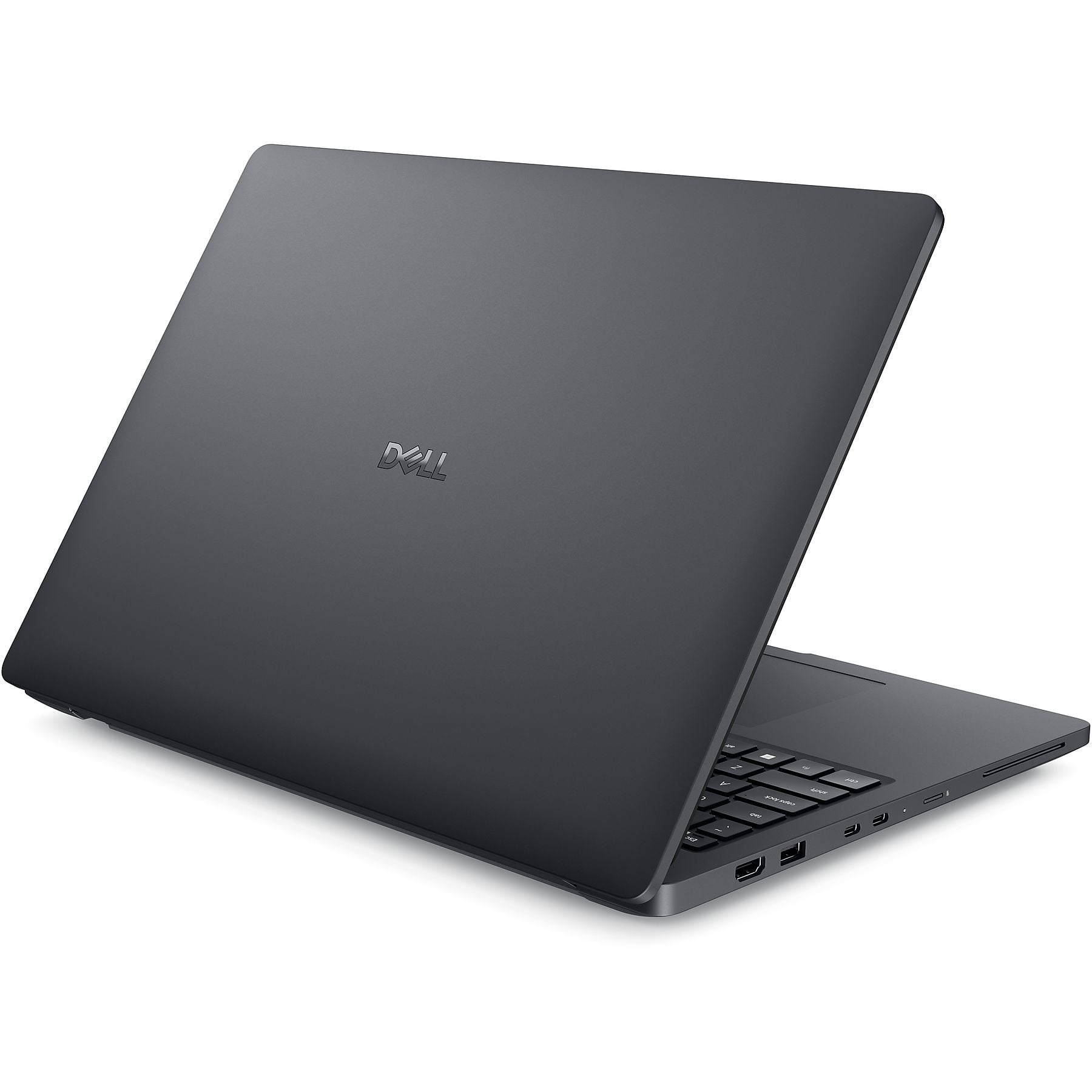 Un laptop Dell grigio scuro chiuso con il logo sul coperchio.