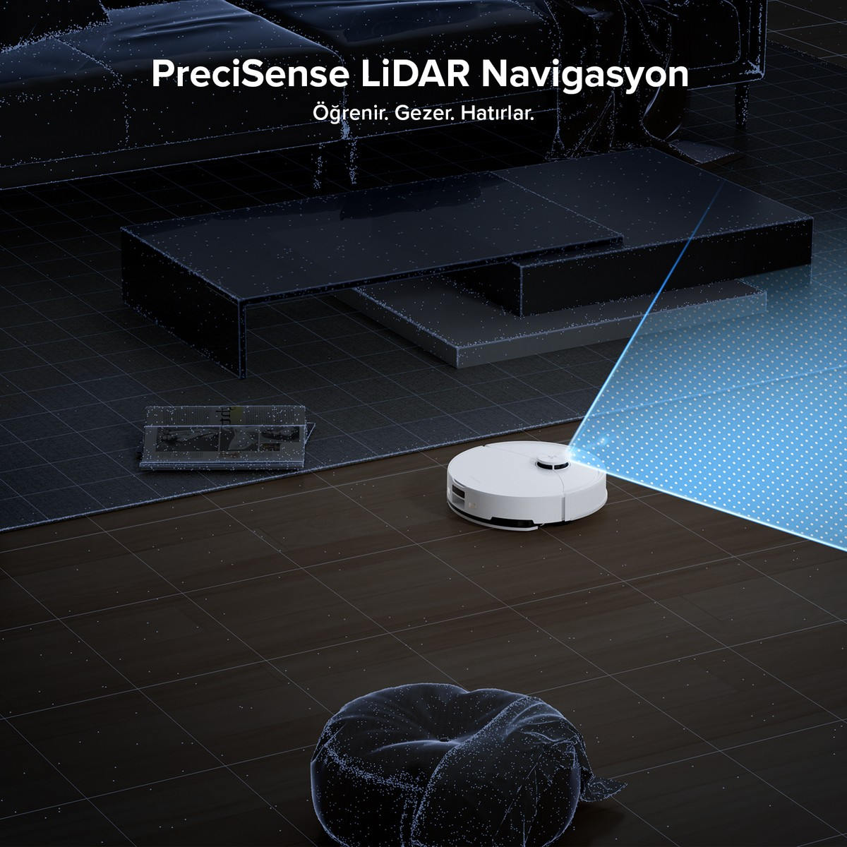 Beyaz bir robot süpürge, mobilyalar ve pufla dolu odayı LiDAR ile tarıyor.